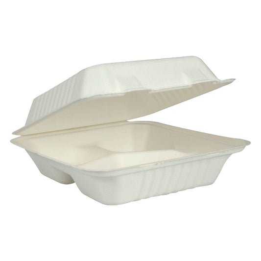 9" x 8" Compostable Bagasse/Sugarcane Clamshell Container 3 Compartment