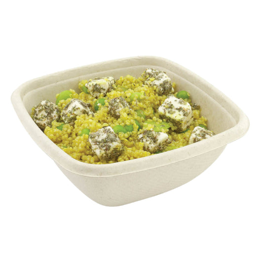 5.2" x 5.2" Compostable Bagasse/Sugarcane 12.7oz To-Go Bowl and Lid