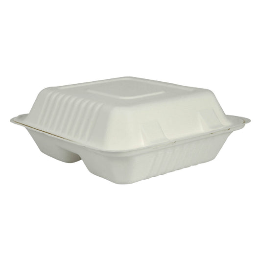 9" x 8" Compostable Bagasse/Sugarcane PFAS-Free Clamshell Container 3 Compartment